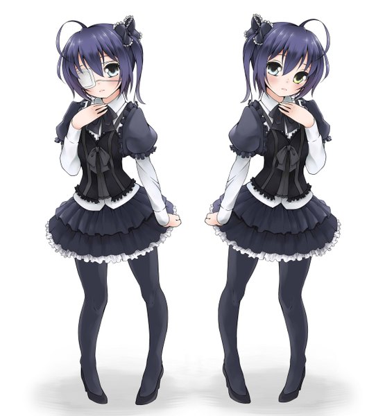 Anime picture 2380x2571 with chuunibyou demo koi ga shitai! kyoto animation takanashi rikka shoben (pixiv id1736543) tall image looking at viewer blush highres short hair simple background white background blue hair ahoge high heels heterochromia one side up dual persona gothic girl bow