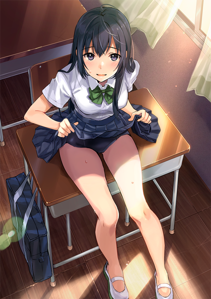 Anime picture 672x950 with original tan (tangent) single long hair tall image looking at viewer blush fringe open mouth light erotic black hair hair between eyes sitting purple eyes full body from above sunlight bare legs short sleeves sweat