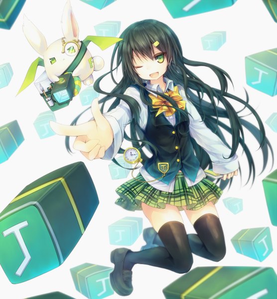 Anime picture 1159x1250 with original kabocha usagi long hair tall image open mouth black hair green eyes one eye closed wink plaid skirt pointing girl thighhighs black thighhighs shirt vest clock bunny pocket watch monocle
