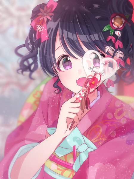 Anime picture 768x1024 with idolmaster idolmaster shiny colors fukumaru koito morinaga (kisoapple) single tall image looking at viewer blush fringe short hair open mouth black hair smile purple eyes twintails holding payot upper body traditional clothes :d