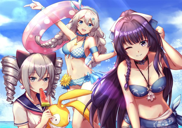 Anime picture 1052x744 with honkai impact 3rd benghuai xueyuan honkai (series) raiden mei kiana kaslana bronya zaychik kelinch1 long hair looking at viewer blush fringe short hair breasts open mouth blue eyes light erotic smile hair between eyes standing twintails