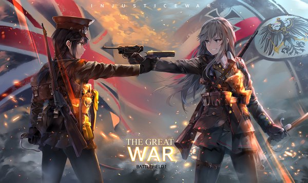 Anime picture 1800x1071 with battlefield battlefield 1 neko (yanshoujie) highres short hair black hair wide image multiple girls holding brown eyes braid (braids) wind grey hair grey eyes grin text smoke english face to face military