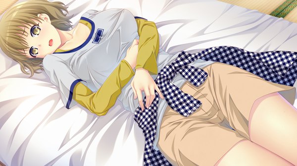 Anime picture 1280x720 with kanojo step single blush short hair open mouth light erotic brown hair wide image brown eyes game cg lying clothes around waist girl shorts bed