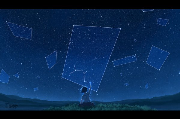 Anime picture 1600x1057 with original pochi (poti1990) single short hair black hair sitting signed outdoors arm up from behind night night sky dated letterboxed mountain constellation girl plant (plants) star (stars) grass