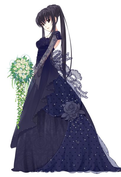 Anime picture 1158x1692 with ever 17 komachi tsugumi takigawa yuu single long hair tall image black hair simple background white background brown eyes ponytail girl dress flower (flowers) bouquet