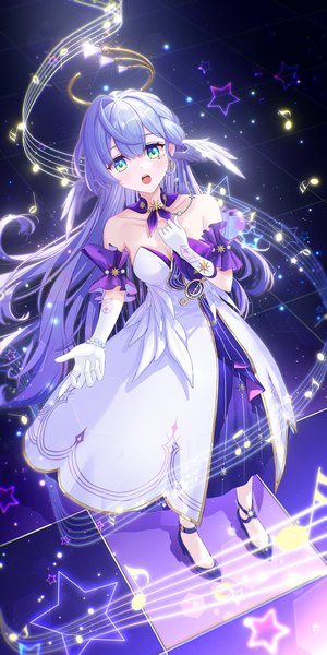 Anime picture 1200x2400 with honkai: star rail honkai (series) robin (honkai: star rail) kokage (chenff) single long hair tall image looking at viewer blush fringe open mouth hair between eyes standing bare shoulders green eyes silver hair full body from above hand on chest head wings