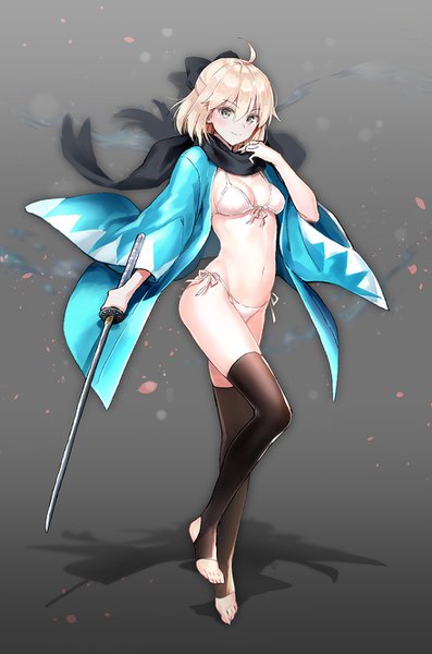 Anime picture 882x1331 with fate (series) fate/grand order koha-ace okita souji (fate) (all) okita souji (koha-ace) suishougensou single tall image looking at viewer blush fringe short hair breasts light erotic blonde hair hair between eyes standing holding yellow eyes cleavage