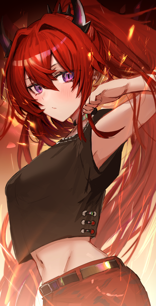 Anime picture 1530x3000 with arknights surtr (arknights) surtr (liberte echec) (arknights) horn/wood single long hair tall image blush fringe hair between eyes purple eyes upper body ponytail red hair very long hair arm up horn (horns) midriff official alternate costume groin