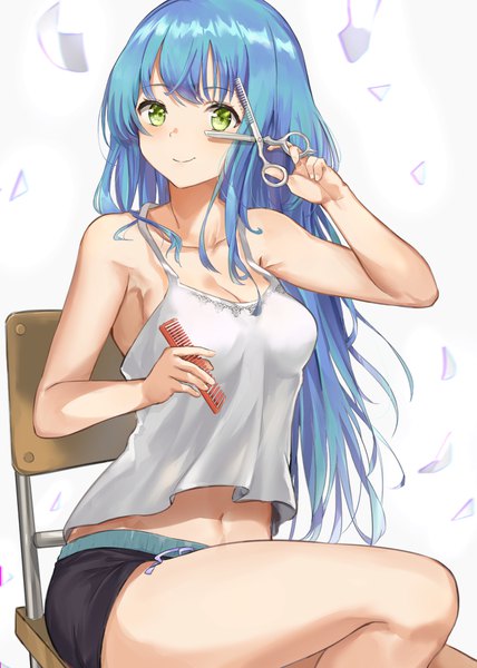 Anime picture 1305x1830 with original mosta (lo1777789) single long hair tall image looking at viewer blush fringe breasts light erotic simple background smile large breasts sitting bare shoulders holding green eyes payot blue hair cleavage