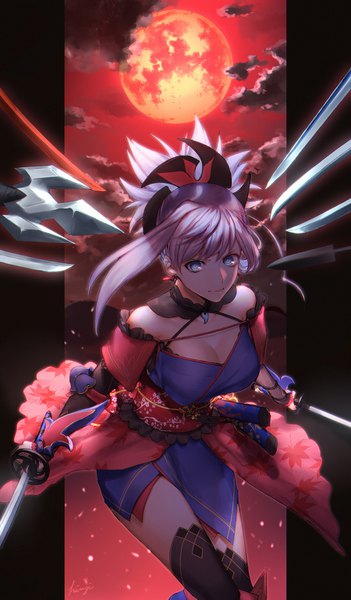 Anime picture 900x1535 with fate (series) fate/grand order miyamoto musashi (fate) kibou single long hair tall image breasts blue eyes holding signed pink hair sky cleavage cloud (clouds) ponytail dual wielding red moon red sky girl