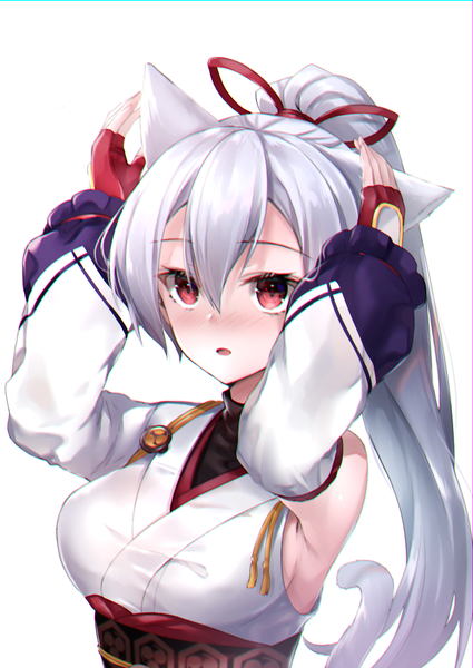 Anime picture 1032x1457 with fate (series) fate/grand order tomoe gozen (fate) hane yuki single long hair tall image blush fringe breasts open mouth simple background hair between eyes white background animal ears upper body ponytail tail animal tail cat ears