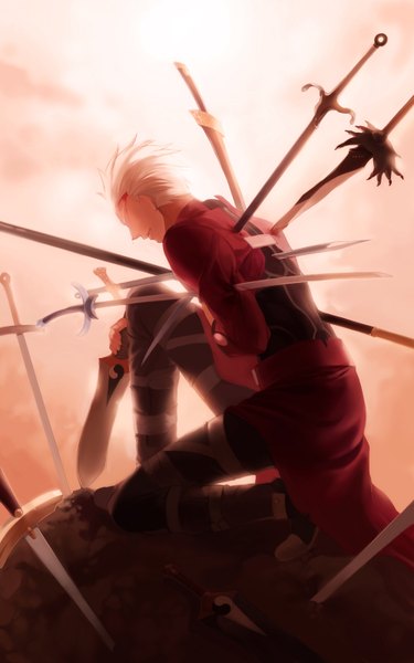 Anime picture 1000x1600 with fate (series) fate/stay night studio deen type-moon archer (fate) aile (crossroads) single tall image short hair white hair kneeling boy weapon sword blood