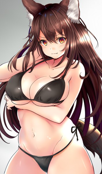 Anime picture 636x1080 with touhou imaizumi kagerou houdukixx single long hair tall image looking at viewer blush fringe breasts light erotic simple background hair between eyes brown hair large breasts animal ears payot cleavage tail animal tail