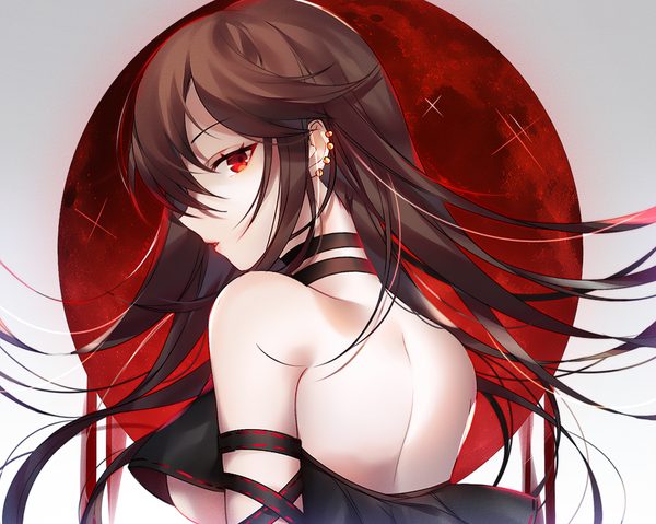 Anime picture 1163x930 with fate (series) fate/grand order yu mei-ren (fate) xionfes single long hair looking at viewer fringe breasts light erotic simple background hair between eyes red eyes brown hair bare shoulders upper body parted lips profile looking back from behind