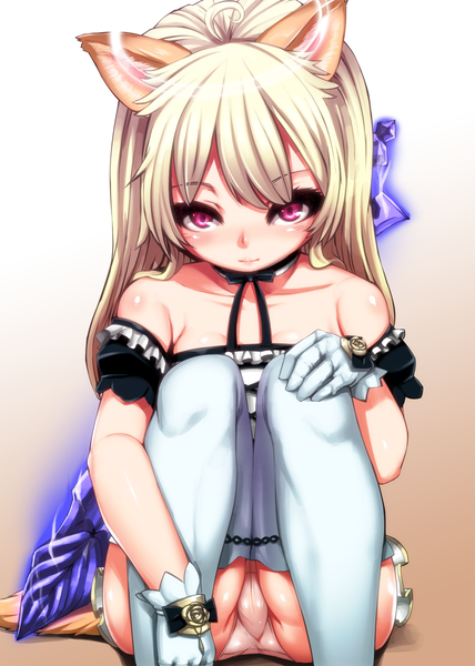 Anime picture 1000x1400 with tera online elin (tera) harigane shinshi single long hair tall image looking at viewer blush light erotic animal ears white hair pink eyes pantyshot sitting girl thighhighs dress gloves underwear panties white thighhighs