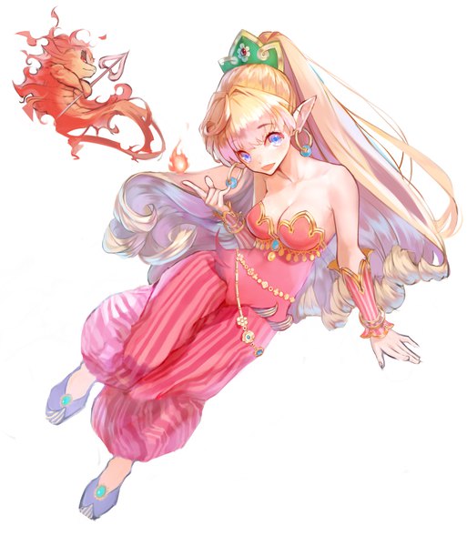 Anime picture 896x1047 with seiken densetsu seiken densetsu 2 purim ha2ru single long hair tall image looking at viewer fringe breasts blue eyes simple background blonde hair white background cleavage full body ponytail from above pointy ears arm support