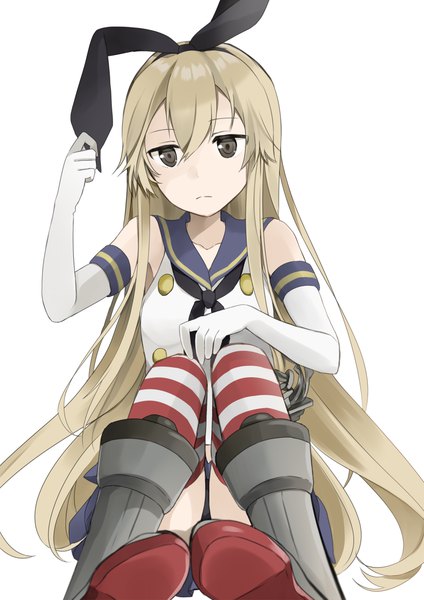 Anime picture 1000x1414 with kantai collection shimakaze destroyer yuna (yukiyuna) single long hair tall image fringe simple background blonde hair hair between eyes white background sitting looking away black eyes convenient leg girl thighhighs gloves uniform bow