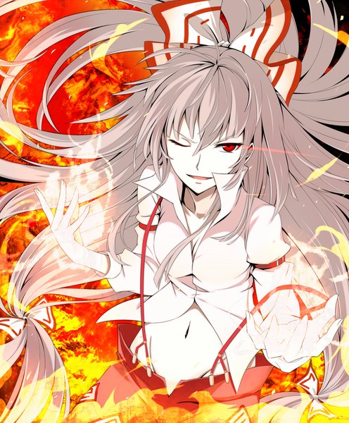 Anime picture 827x1000 with touhou fujiwara no mokou takehana note diesirae0617 single tall image looking at viewer breasts open mouth smile red eyes silver hair very long hair one eye closed wink girl navel bow hair bow shirt