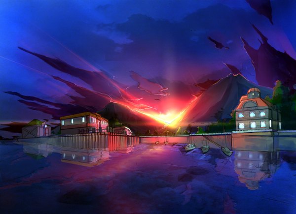 Anime picture 2586x1878 with original craft ghost highres sky cloud (clouds) city evening sunset mountain landscape water watercraft boat