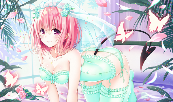 Anime picture 1500x891 with toloveru toloveru darkness xebec momo velia deviluke ffcreatyuuki single looking at viewer blush fringe short hair breasts light erotic hair between eyes wide image pink hair cleavage tail pink eyes no shoes on all fours