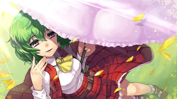 Anime picture 1000x563 with touhou kazami yuuka taketora suzume single short hair red eyes wide image green hair girl skirt petals umbrella skirt set