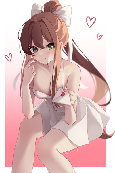 Anime picture 1334x2000 with doki doki literature club monika (doki doki literature club) hiroside single long hair tall image looking at viewer blush fringe breasts light erotic simple background smile hair between eyes brown hair large breasts sitting bare shoulders holding green eyes
