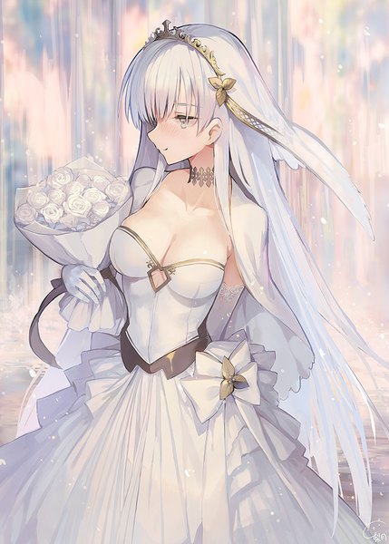Anime picture 698x976 with fate (series) fate/grand order anastasia (fate) ritsuki single long hair tall image blush fringe breasts light erotic standing holding signed looking away cleavage white hair profile arm behind back white eyes