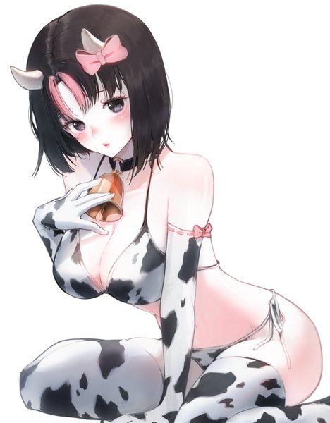 Anime picture 1000x1281 with original misty cj single tall image looking at viewer blush short hair breasts light erotic black hair simple background large breasts white background horn (horns) black eyes hand on chest bell collar animal print cow print girl