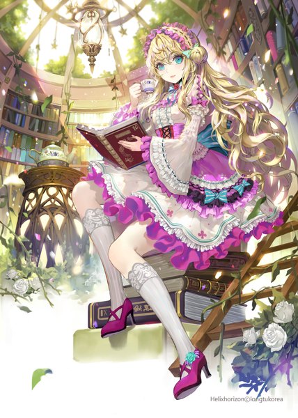 Anime picture 750x1050 with original tob single long hair tall image looking at viewer fringe blonde hair hair between eyes sitting holding full body indoors aqua eyes wide sleeves sparkle from below hair bun (hair buns) high heels puffy sleeves