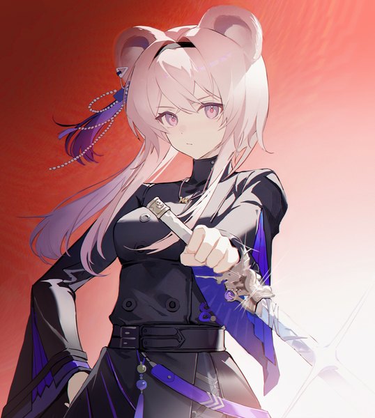 Anime-Bild 1894x2113 mit arknights lin yuhsia (arknights) pingdiguo single long hair tall image looking at viewer fringe highres simple background hair between eyes purple eyes animal ears pink hair upper body hand on hip red background outstretched hand mouse ears girl
