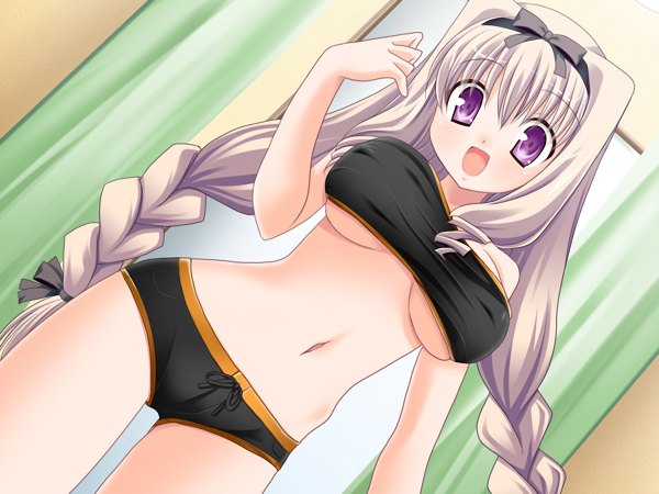 Anime picture 1200x900 with long hair breasts light erotic blonde hair purple eyes game cg huge breasts girl ribbon (ribbons) swimsuit