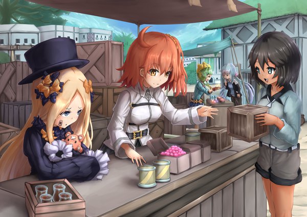 Anime picture 1170x827 with fate (series) fate/grand order atelier (series) atelier shallie gust (company) abigail williams (fate) fujimaru ritsuka (female) shallotte elminus wakaura asaho long hair short hair blue eyes black hair blonde hair smile multiple girls blue hair green hair orange hair orange eyes