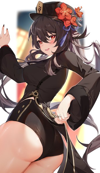 Anime picture 3000x5186 with genshin impact hu tao (genshin impact) houkisei single long hair tall image looking at viewer blush fringe highres breasts open mouth light erotic smile hair between eyes red eyes brown hair large breasts standing twintails