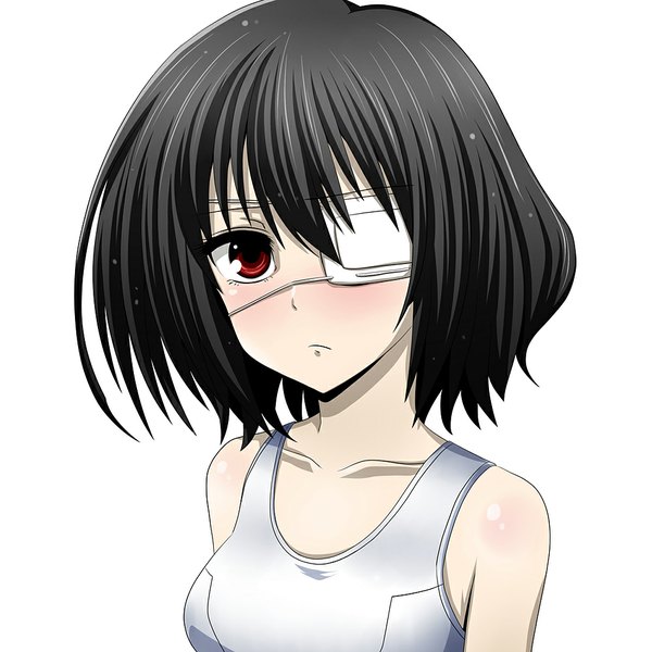 Anime picture 1000x1000 with another p.a. works misaki mei watarui single looking at viewer blush short hair black hair simple background red eyes white background girl swimsuit one-piece swimsuit eyepatch school swimsuit white school swimsuit