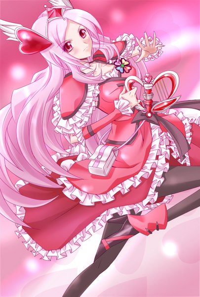 Anime picture 1181x1748 with precure fresh precure! toei animation cure passion kojikoji single long hair tall image blush pink hair pink eyes pink background girl dress frills heart tiara