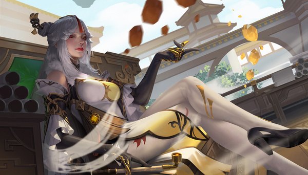 Anime picture 1920x1095 with genshin impact ningguang (genshin impact) surperbobo single long hair looking at viewer blush fringe highres breasts red eyes wide image large breasts sitting sky cloud (clouds) bent knee (knees) outdoors white hair traditional clothes