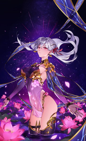 Anime picture 1000x1640 with fate (series) fate/grand order kama (fate) hug (yourhug) single long hair tall image looking at viewer blush fringe breasts light erotic hair between eyes red eyes large breasts standing silver hair night partially submerged floating hair