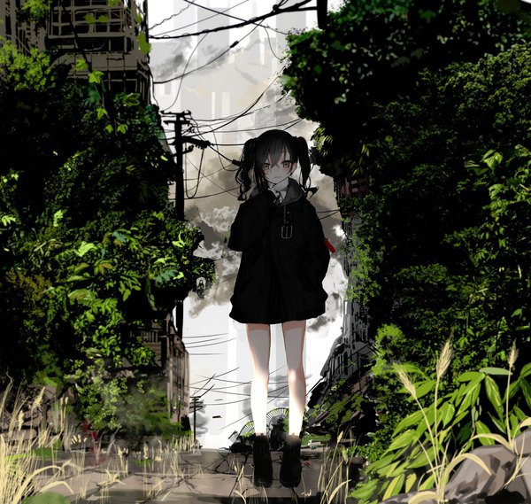 Anime picture 2011x1910 with idolmaster idolmaster cinderella girls sunazuka akira narue single long hair looking at viewer blush fringe highres black hair hair between eyes standing twintails full body black eyes hand in pocket mask pull girl plant (plants)