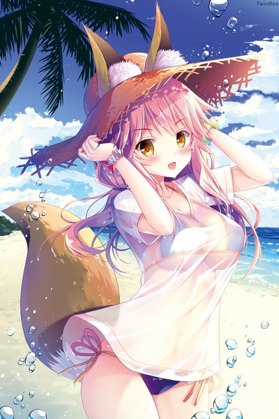 Anime picture 800x1200 with fate (series) fate/grand order fate/extra tamamo (fate) (all) tamamo no mae (swimsuit lancer) (fate) sousouman single tall image looking at viewer blush breasts open mouth light erotic large breasts signed animal ears yellow eyes pink hair sky cloud (clouds)