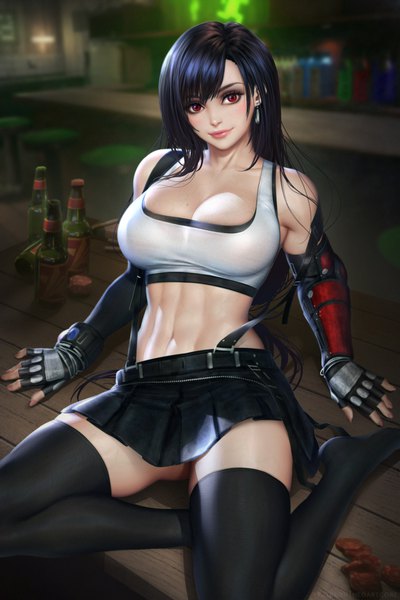 Anime picture 2400x3597 with final fantasy final fantasy vii final fantasy vii remake square enix tifa lockhart nudtawut thongmai single long hair tall image looking at viewer blush fringe highres breasts light erotic black hair smile hair between eyes red eyes large breasts