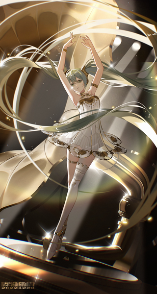 Anime picture 2400x4500 with vocaloid miku symphony (vocaloid) hatsune miku gramophone miku xianyu guguzi single tall image fringe highres hair between eyes twintails green eyes full body very long hair head tilt green hair arms up dancing ballerina girl