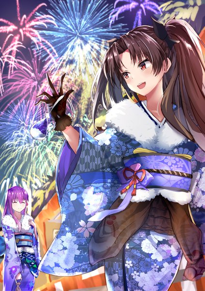 Anime picture 992x1403 with fate (series) fate/grand order toosaka rin matou sakura eric (tianqijiang) long hair tall image blush fringe open mouth black hair smile hair between eyes red eyes standing multiple girls holding payot looking away purple hair