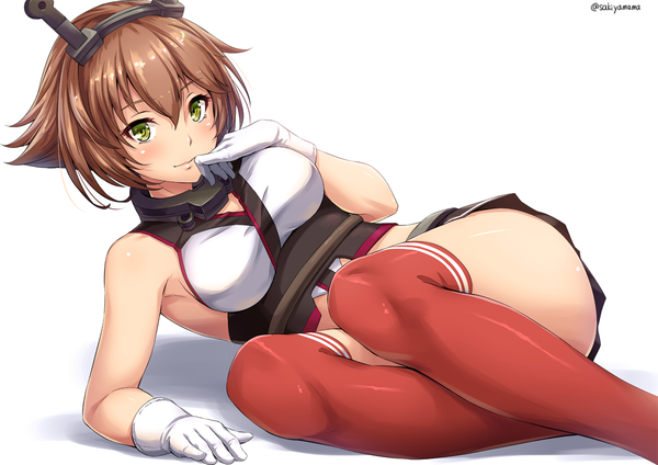 Anime picture 1131x800 with kantai collection mutsu battleship sakiyamama single looking at viewer blush fringe short hair breasts light erotic simple background smile hair between eyes brown hair large breasts white background bare shoulders green eyes signed arm support