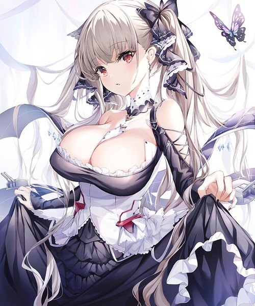 Anime picture 800x961 with azur lane formidable (azur lane) narae single tall image looking at viewer blush fringe breasts open mouth light erotic simple background red eyes large breasts standing white background bare shoulders cleavage blunt bangs very long hair