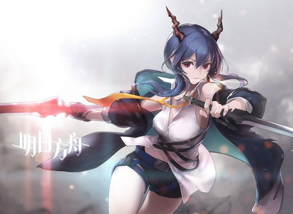 Anime picture 1500x1096 with arknights ch'en (arknights) ku99 (kugugu) single long hair looking at viewer fringe breasts red eyes large breasts twintails holding head tilt horn (horns) sleeveless floating hair low twintails fighting stance serious dual wielding