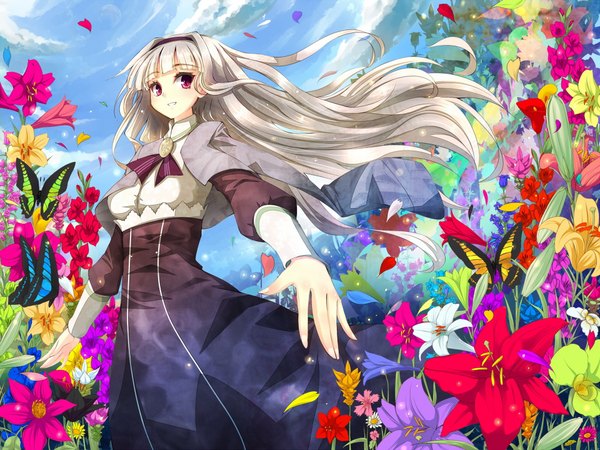 Anime picture 1920x1440 with single long hair highres blonde hair smile purple eyes sky cloud (clouds) pink eyes girl dress flower (flowers) petals insect butterfly