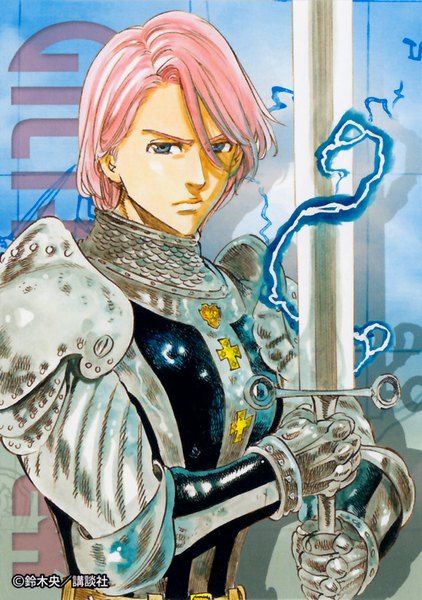 Anime picture 704x1000 with nanatsu no taizai a-1 pictures gilthunder suzuki nakaba single tall image looking at viewer fringe short hair blue eyes hair between eyes holding signed pink hair upper body official art shadow character names fighting stance serious