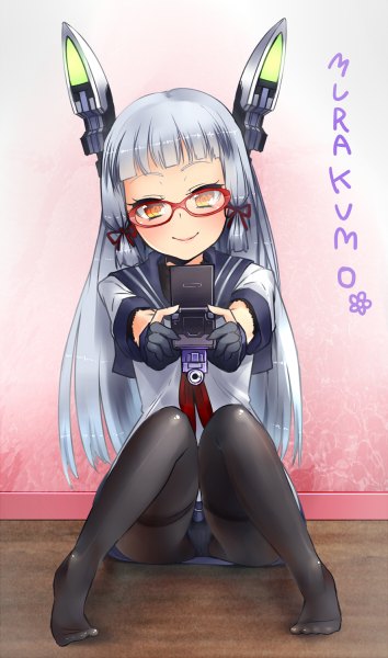 Anime picture 708x1200 with kantai collection murakumo destroyer doyouwantto single long hair tall image looking at viewer blush fringe light erotic smile sitting head tilt inscription orange eyes pantyshot no shoes tress ribbon bespectacled girl