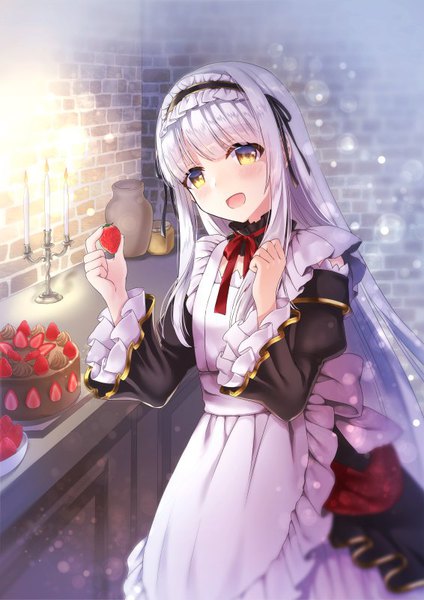 Anime picture 566x800 with sennen sensou aigis lily (sennen sensou aigis) hi-na1 single long hair tall image looking at viewer blush fringe open mouth smile standing holding yellow eyes payot silver hair indoors blunt bangs head tilt :d