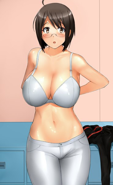 Anime picture 615x1000 with servant x service yamagami lucy metalbolic (kinzo) single tall image looking at viewer blush short hair breasts light erotic black hair large breasts brown eyes undressing hands behind back girl navel lingerie bra white bra